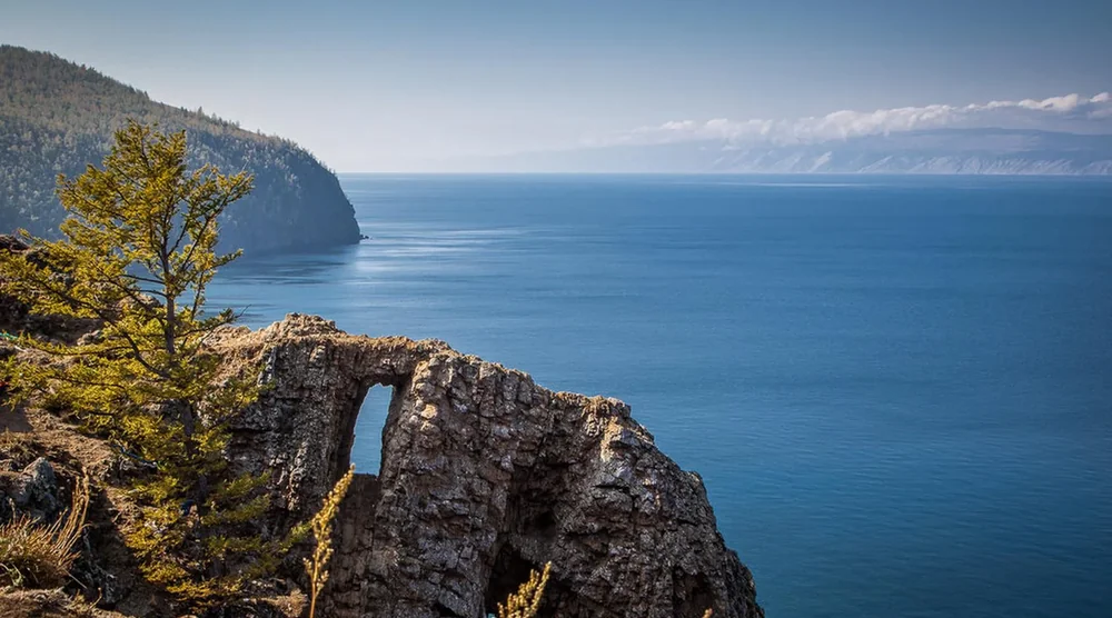 Scenic view of Lake Baikal and rocky cliffs on Olkhon Island