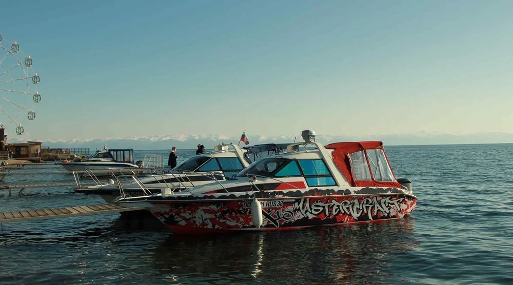 Motorboat for scenic boat ride on Lake Baikal near Listvyanka