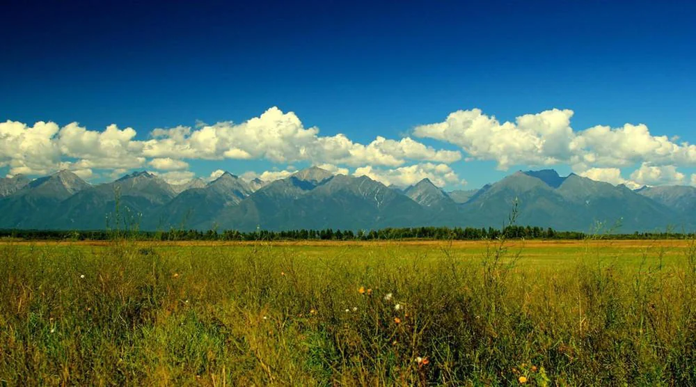 Majestic mountains and green meadow landscape in Arshan Tunka Valley Buryatia