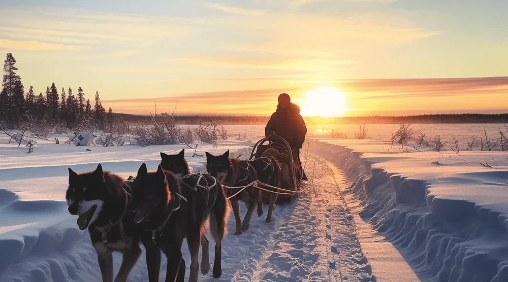 Husky dog sledding tour through the snowy Siberian taiga at sunset