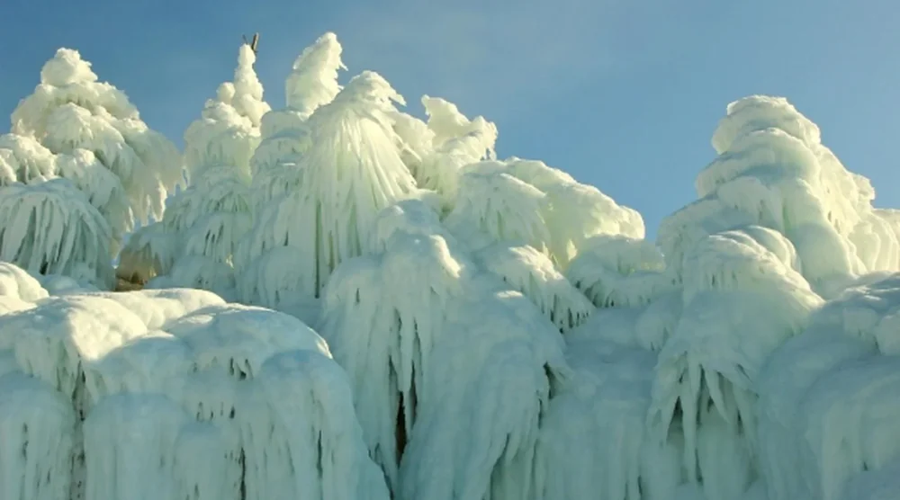 Frozen ice formations and snow-covered landscapes of Lake Baikal on Olkhon Island