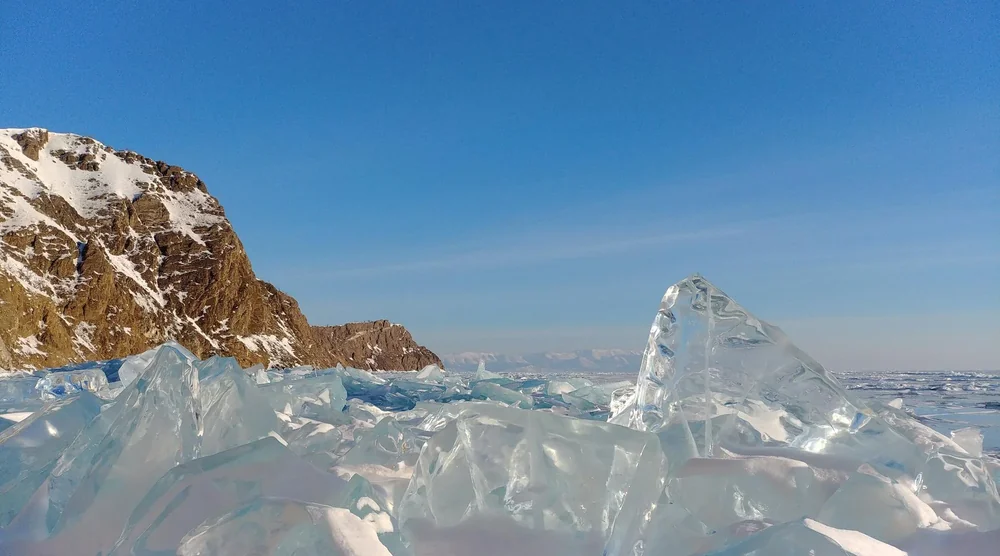 Crystal clear blue ice formations and shards on Lake Baikal near Olkhon Island